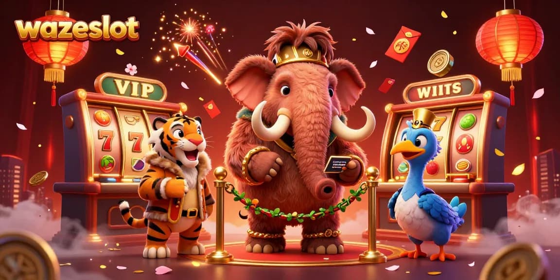 Experience thrilling jackpots at WAZESLOT with an animated casino scene featuring vibrant characters and symbols.