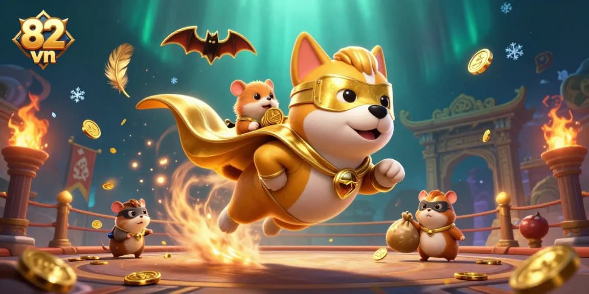 Experience exhilarating action at 82 vn with a superhero dog stealing gold coins in vibrant 3D style.