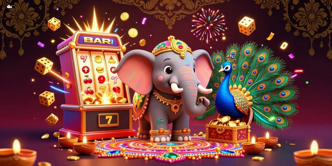 Dewagg casino illustration featuring slot machine jackpots, festive elephant, and playful peacock.