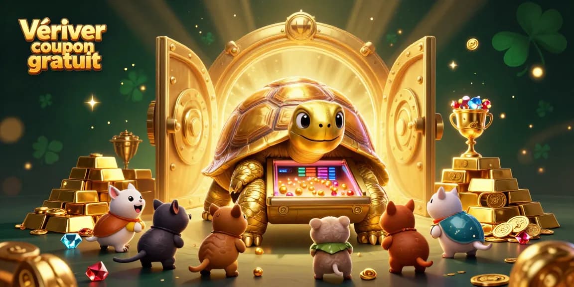 Vérifier coupon gratuit avec une tortue d'or amusante et des trésors scintillants en arrière-plan.