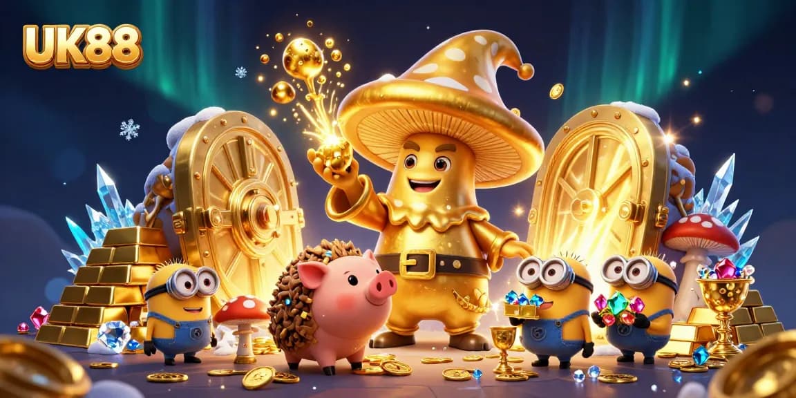 Experience the magic of UK88 with golden treasures spilling from a vault in this vibrant casino scene.