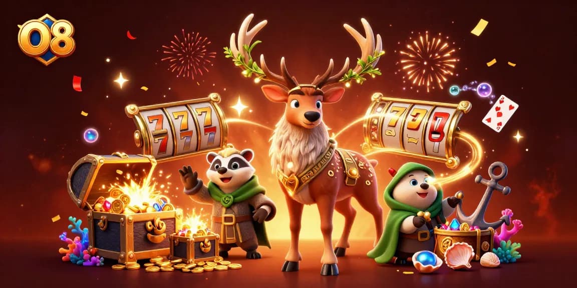 Experience the excitement of O8 with a vibrant casino scene showcasing dynamic slot reels and magical characters.