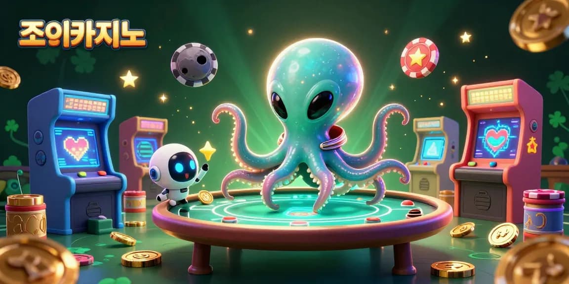 Join the fun at 조이카지노 with an exciting scene featuring a cartoon alien octopus and futuristic poker table!