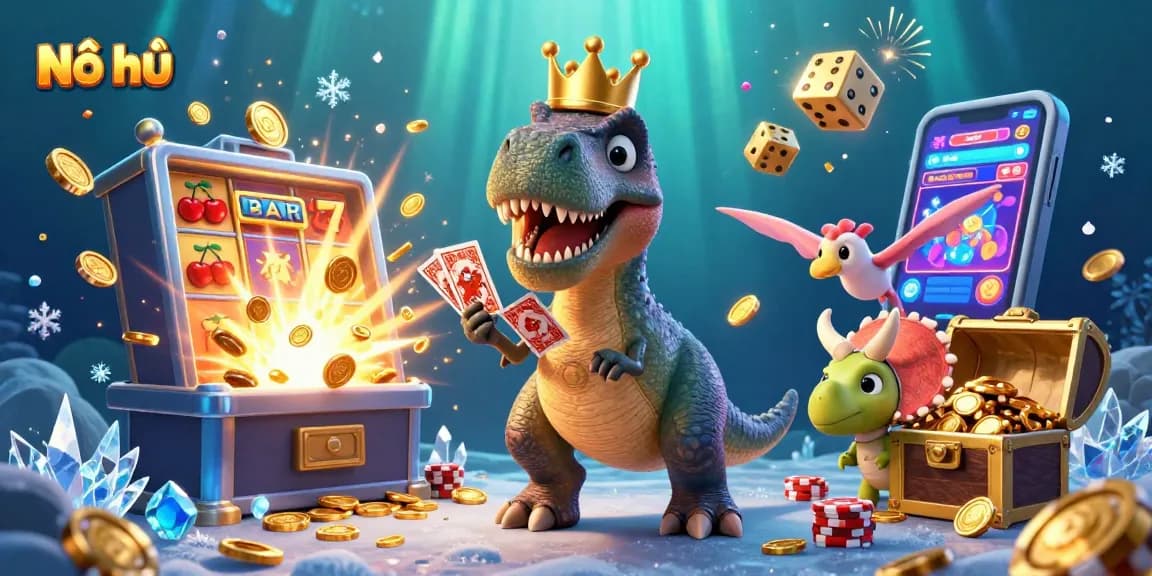 Nổ hũ game scene featuring playful dinosaur characters in a vibrant, casino-inspired environment.