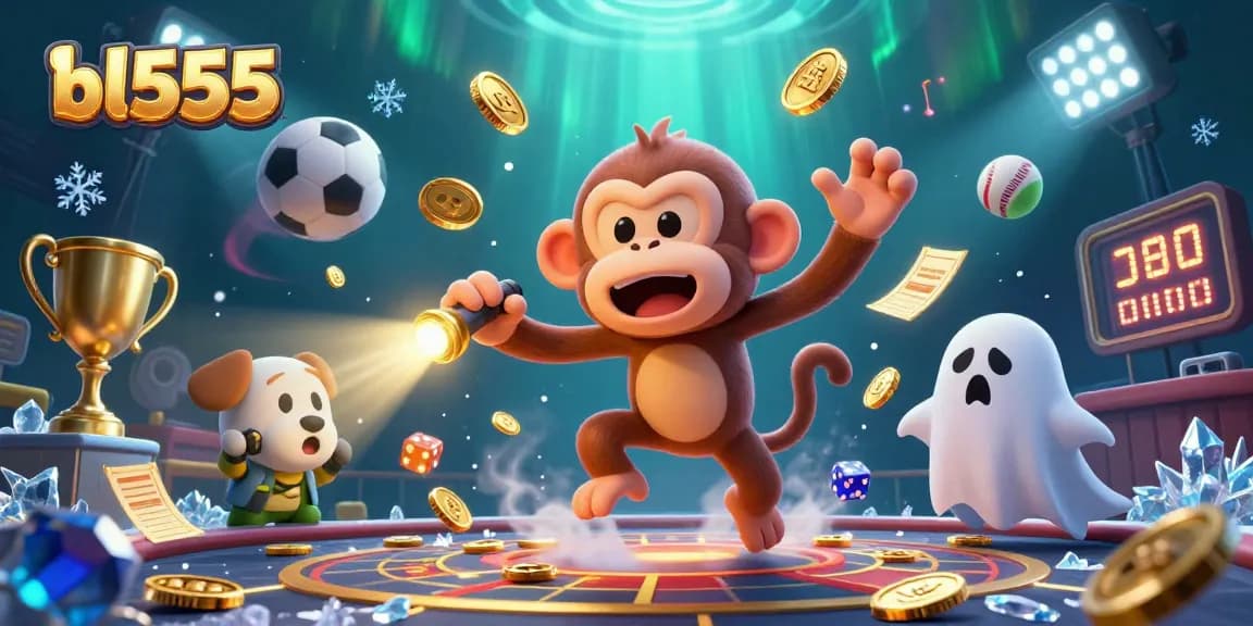 Experience thrilling wins at bl555 with a dynamic haunted casino scene featuring a playful ghost and sports action.