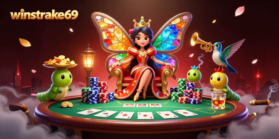 winstrike69 showcases a lavish casino scene with a butterfly queen, poker elements, and vibrant colors.