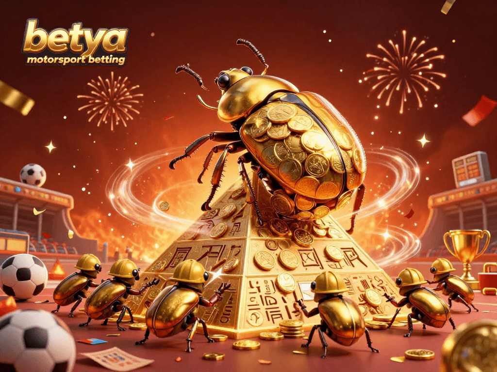 Engage in betya motorsport betting with dynamic visuals of beetles, trophy, and sports elements.