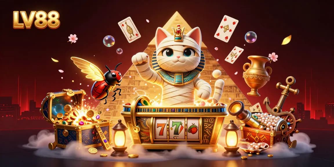 Experience the excitement of LV88 with a vibrant 3D illustration showcasing a casino scene filled with bonuses and action.