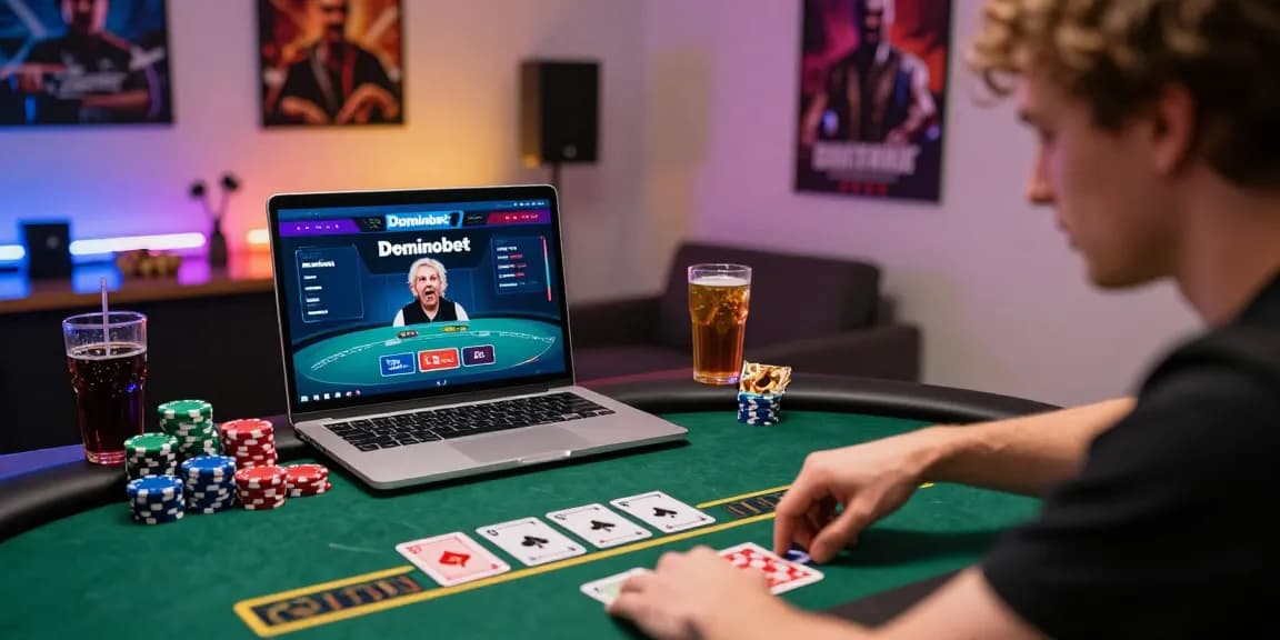 Engaged player exploring Daftar Dominobet online poker games with vibrant setup and exciting atmosphere