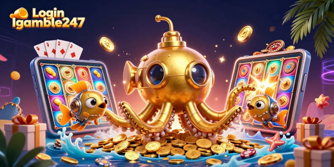 Login Igamble247 showcases thrilling winnings in an exciting casino environment filled with golden coins.