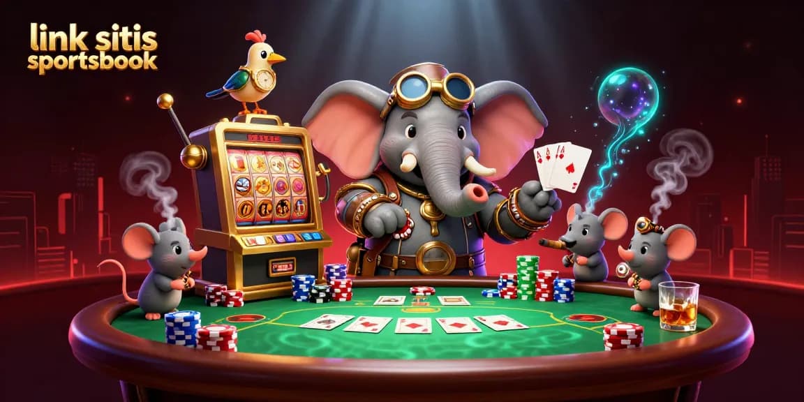 Engage with link situs sportsbook in a vibrant 3D steampunk casino scene featuring colorful poker elements and dynamic characters.