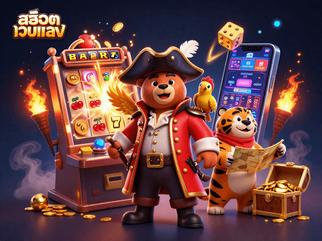 Experience thrilling gameplay with สล็อตเว็บตรง, featuring a jackpot explosion of coins and cheerful casino characters.