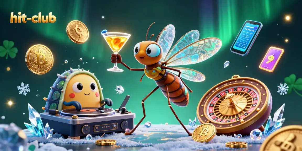 hit-club casino scene with vibrant characters, crypto elements, and sparkling visuals