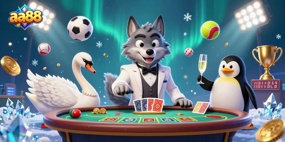 Experience excitement with aa88 at a baccarat table featuring a debonair wolf dealer and elegant swan and penguin event.