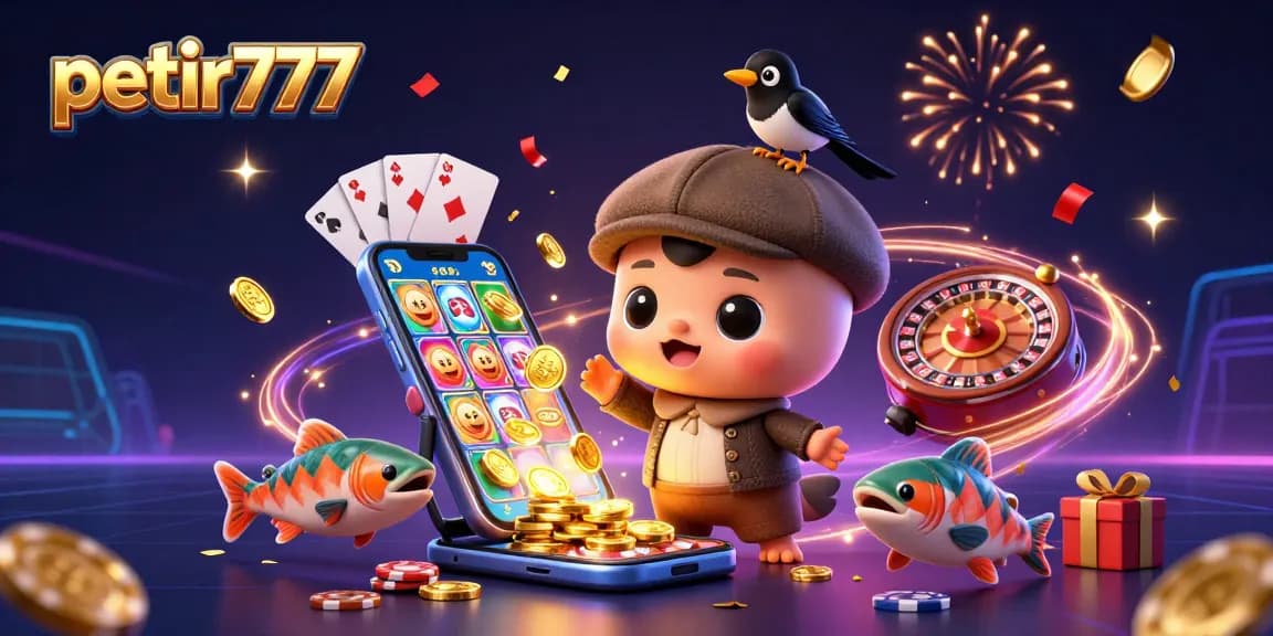 Engage in thrilling gameplay on petir777 with vibrant slot games, golden coins, and celebratory characters.