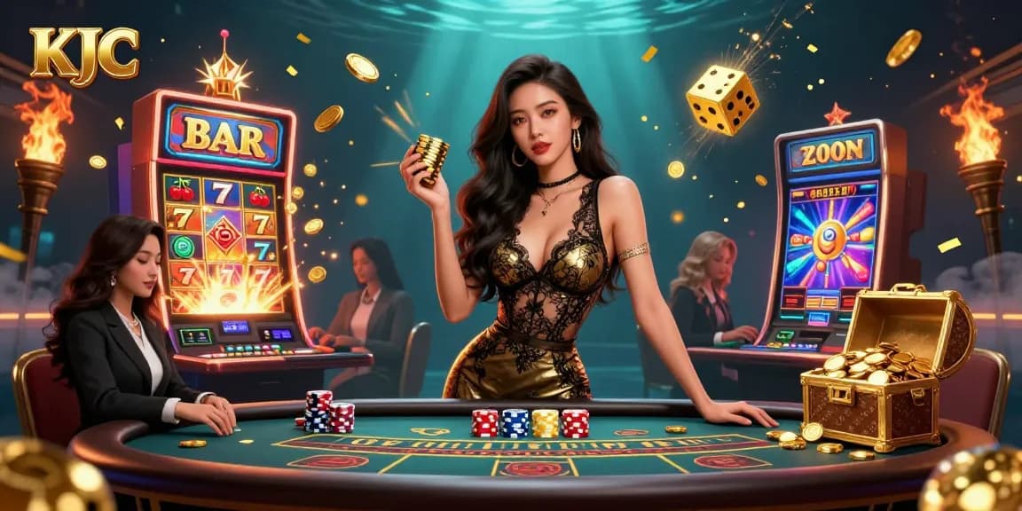 KJC promotes an exclusive VIP atmosphere with elegant baccarat action, golden chips, and vibrant casino elements.