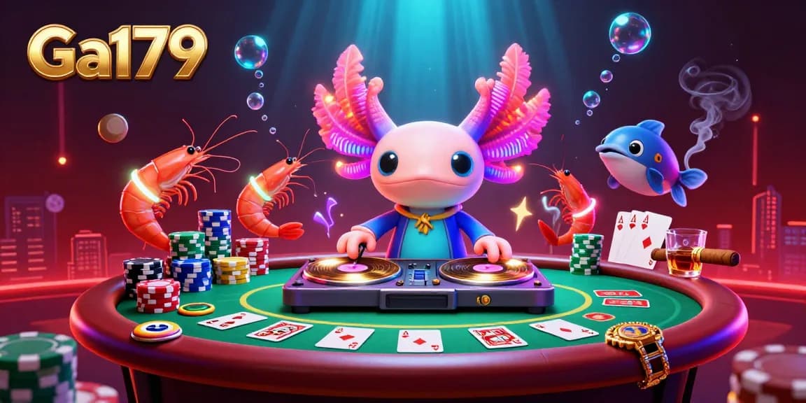Experience thrilling gaming with Ga179's vibrant casino atmosphere featuring animated characters and colorful poker elements.