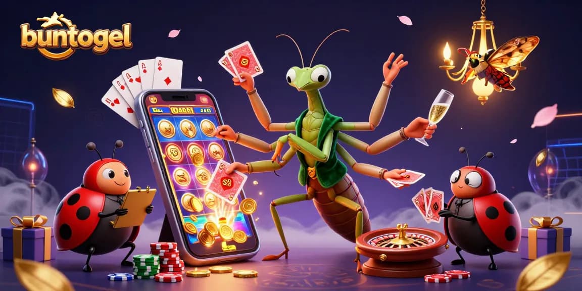 Buntogel features a vibrant casino scene with a giant mantis card sharp interacting with games and coins.