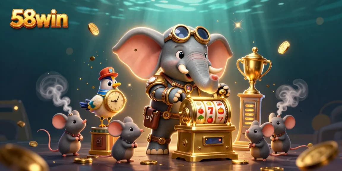 58win showcases dynamic steampunk characters operating a rich slot machine scene filled with gold elements.