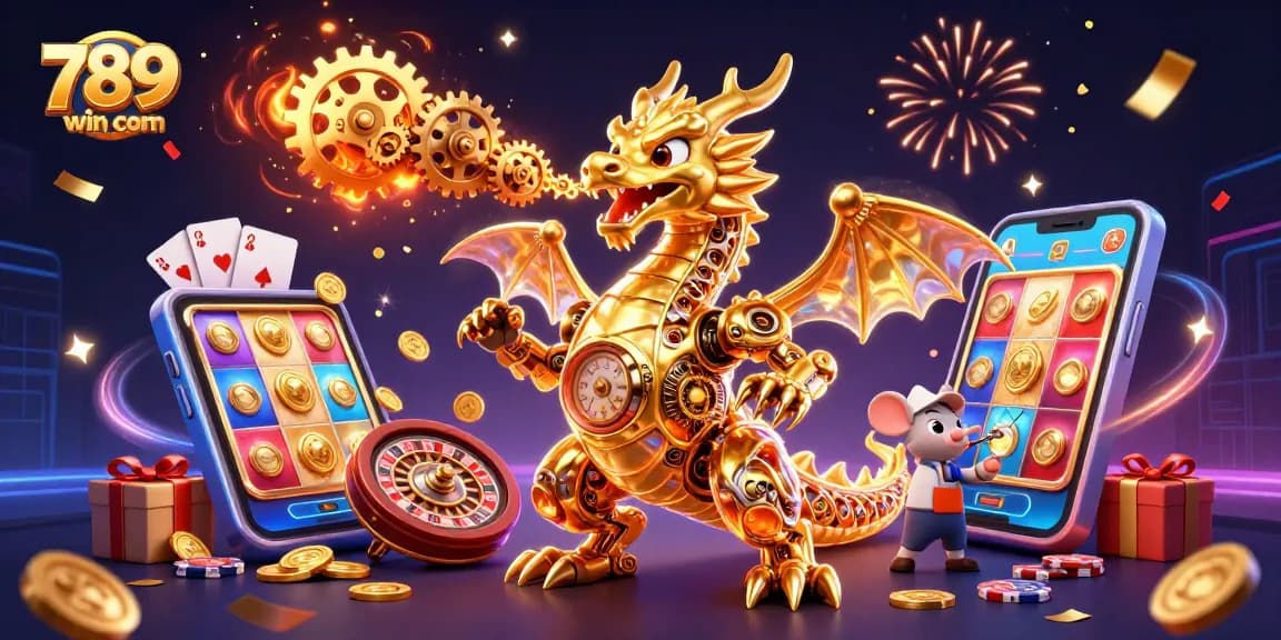 Play slot games at 789win com with dynamic casino elements surrounding a golden dragon and mouse engineer.