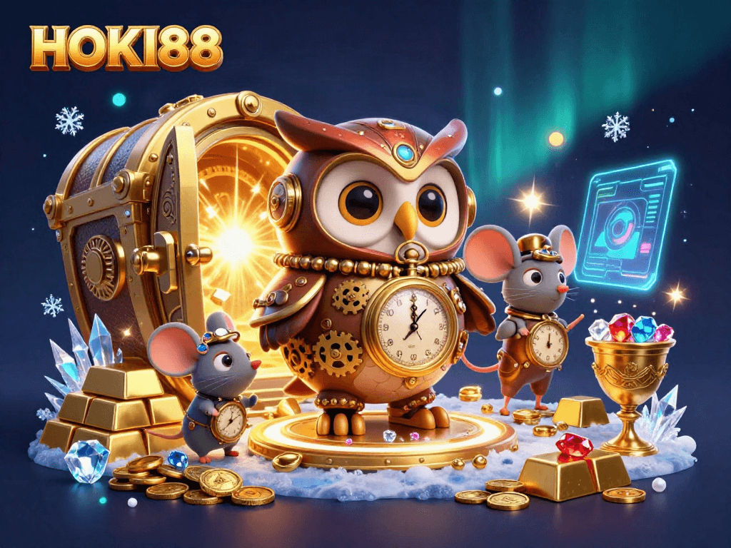 Engage with the vibrant HOKI88 casino world, featuring a steampunk owl amidst dazzling treasures.