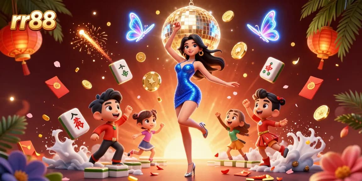 Engage in thrilling gameplay at rr88 with a dazzling woman celebrating amidst glowing casino elements.