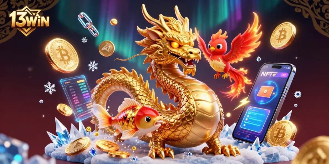 Engage in thrilling games with 13WIN's fierce dragon and phoenix in an animated 3D illustration.