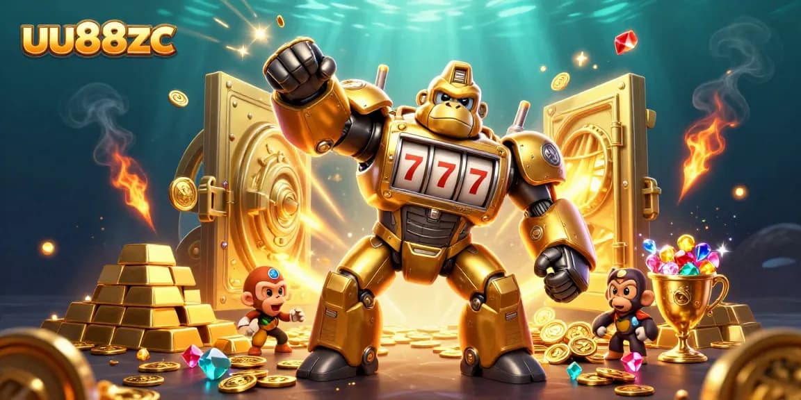 Experience exciting wins at uu88zc with a vibrant 3D golden gorilla mech amidst treasure and casino elements.