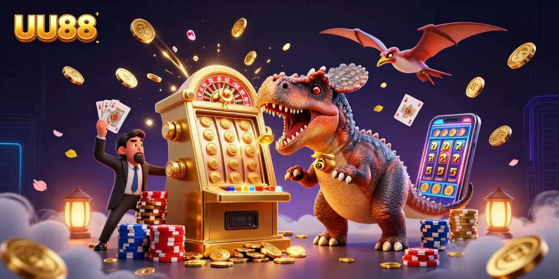Experience the excitement of UU88 as a pachycephalosaurus hits a golden slot machine amid flying coins.