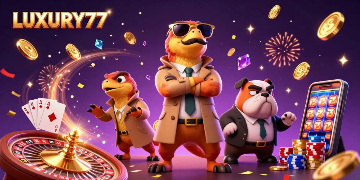 LUXURY77 showcases a humorous 3D cartoon scene of raptors sneaking into a casino, full of excitement and action.