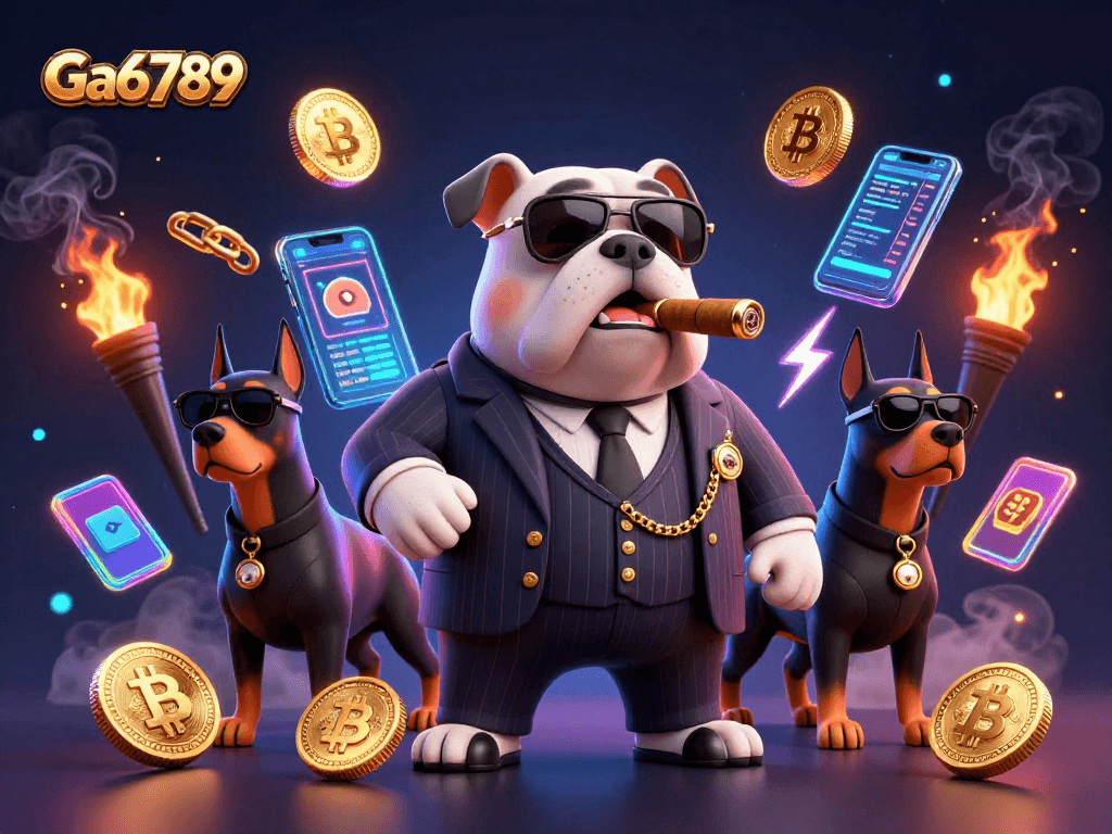 Ga6789 showcases a 3D mafia boss bulldog casino illustration with vibrant cryptocurrency elements.