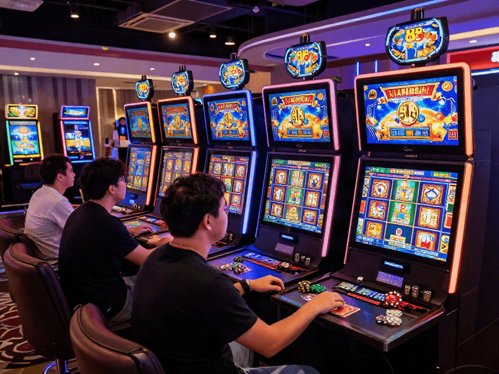 Exciting gaming scene featuring players engaging with slot88 machines in a vibrant casino environment.