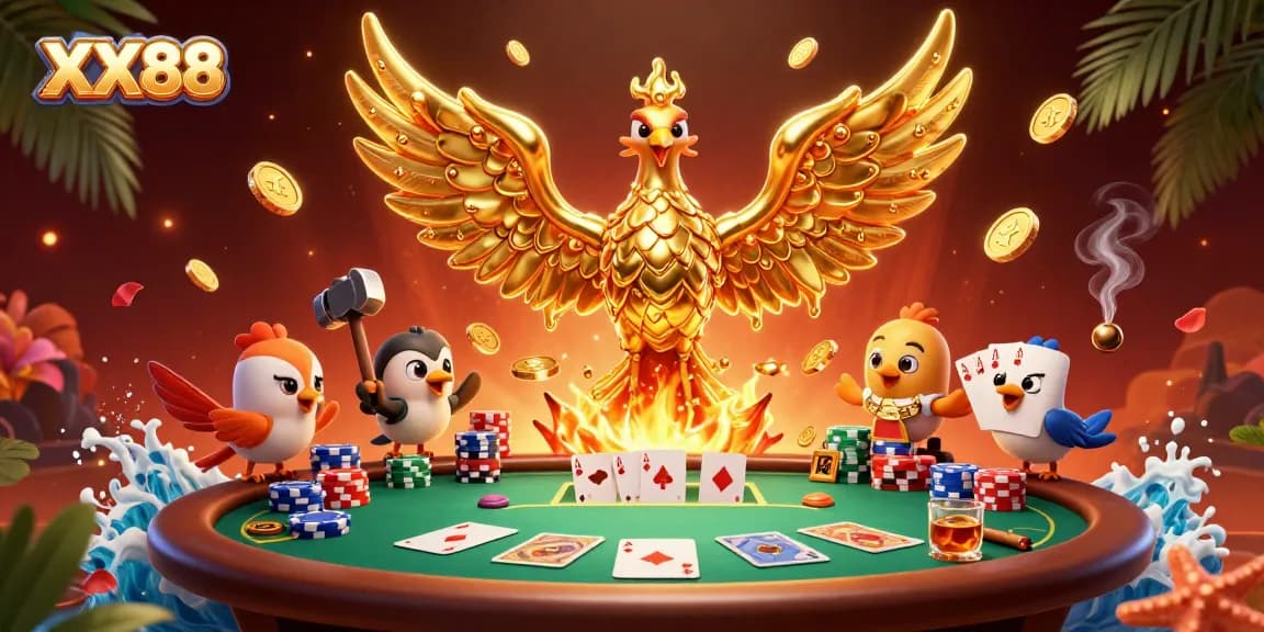 Experience thrilling gameplay with XX88, featuring a golden phoenix and poker elements.
