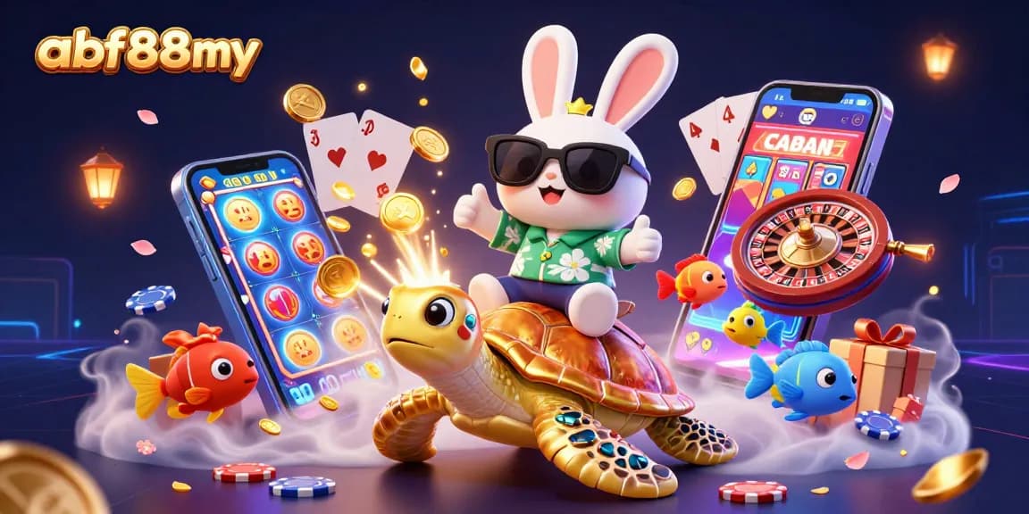 Play engaging games at afb88my, featuring a lucky rabbit and golden sea turtle in vibrant casino design.