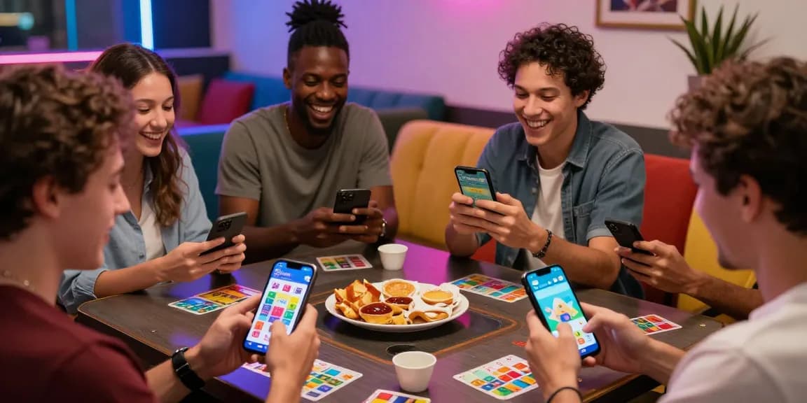 Players excitedly use Card Rummy app during fun gathering, showcasing how to get app for mobile gaming.