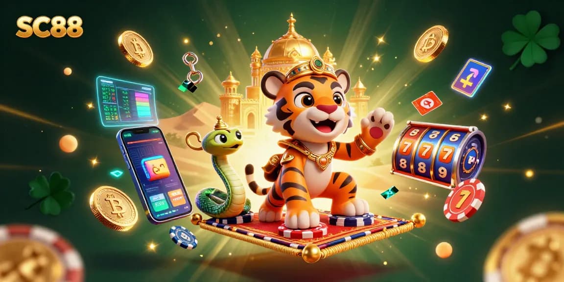 Experience the enchantment of SC88 as a cartoon tiger sultan reveals a magical casino realm filled with vibrant prizes.