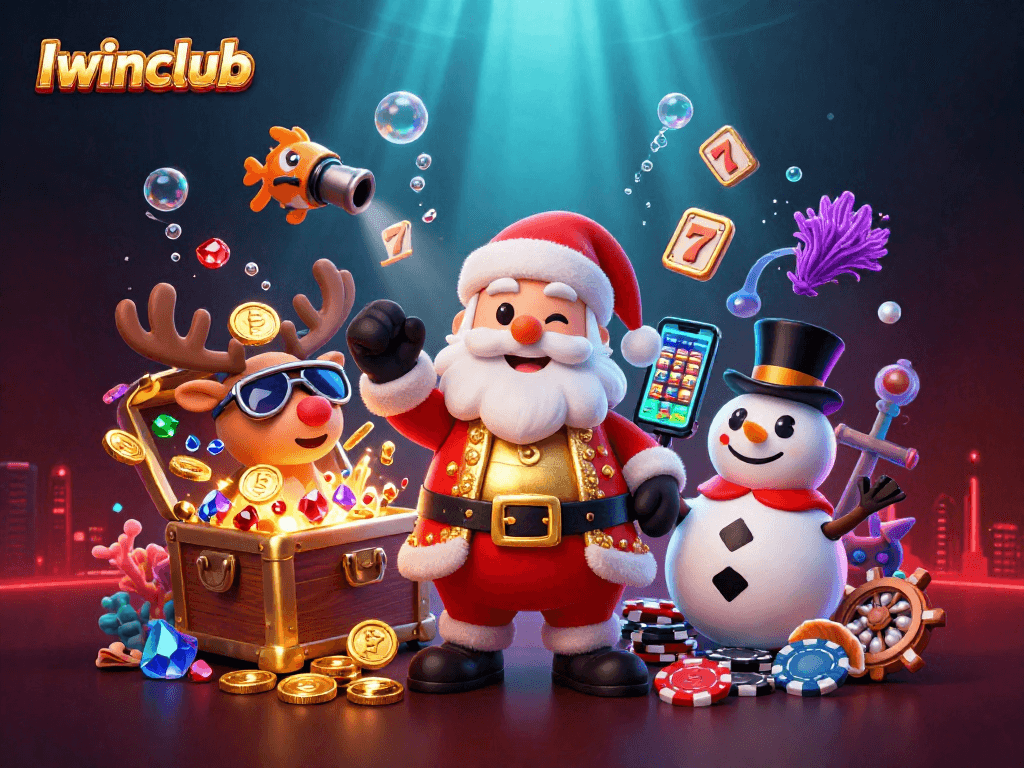 Iwinclub sparks excitement with Santa and friends in a vibrant casino scene featuring jackpot slots.