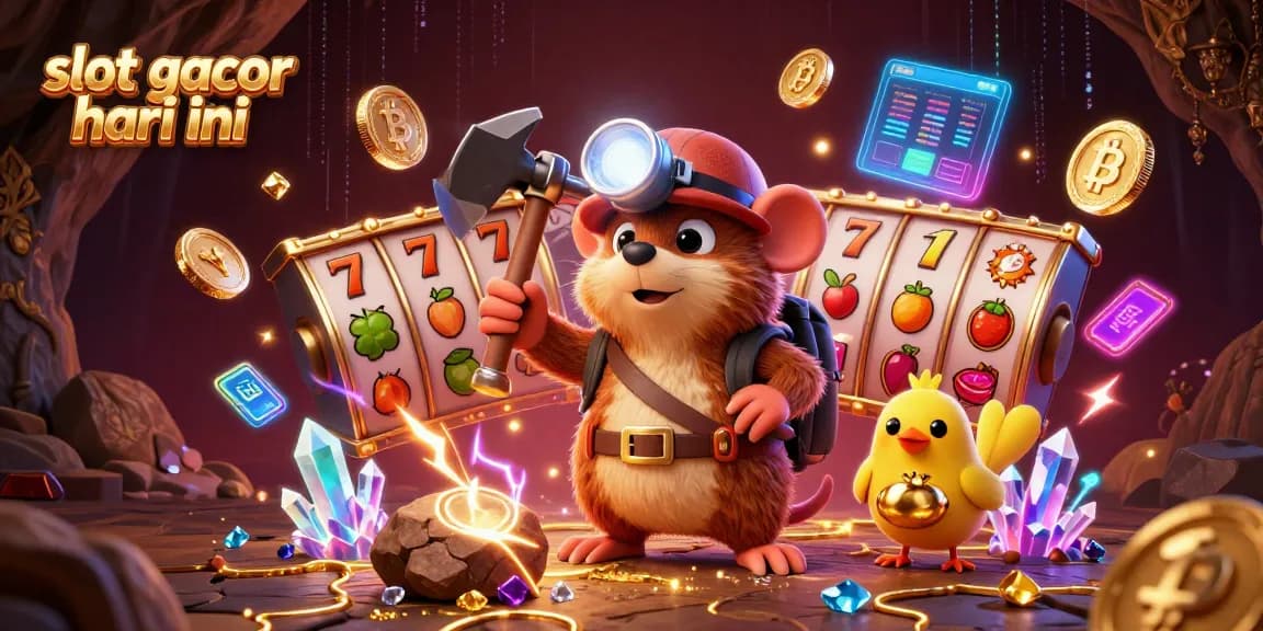 Memainkan slot gacor hari ini dengan karakter menarik di latar kaya detail, simbol keberuntungan dan elemen casino yang dinamis.