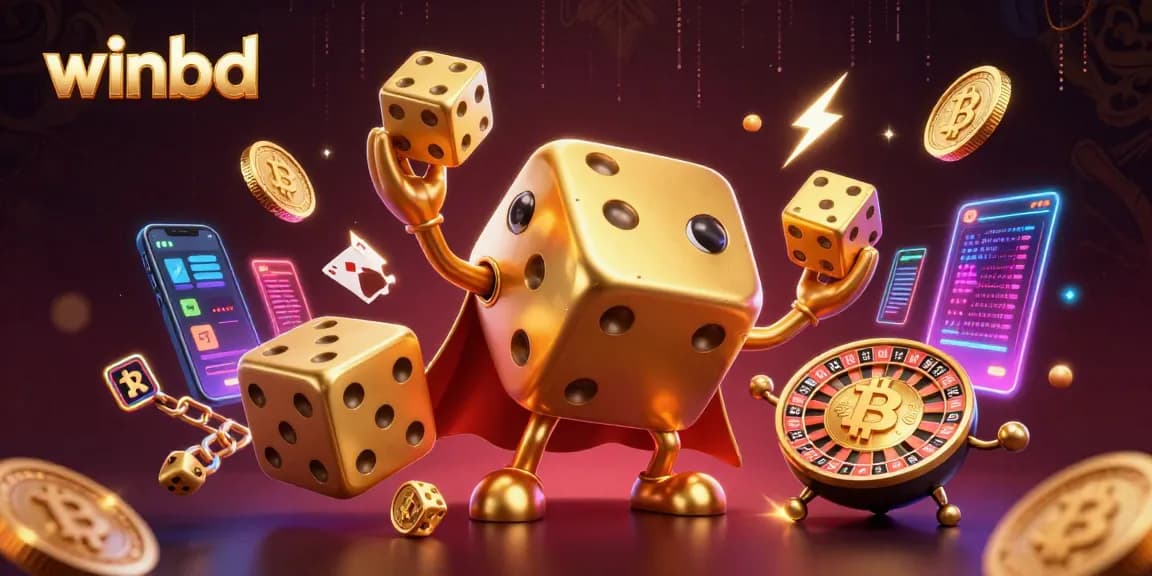Winbd players enjoy a vibrant 3D gaming spectacle featuring golden dice golems and crypto coins.