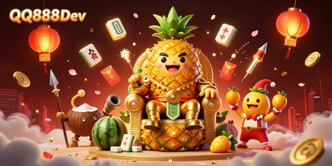 Engage with the vibrant 3D casino scene featuring QQ888 Dev, showcasing a golden pineapple king and playful characters in a dynamic beach setting.