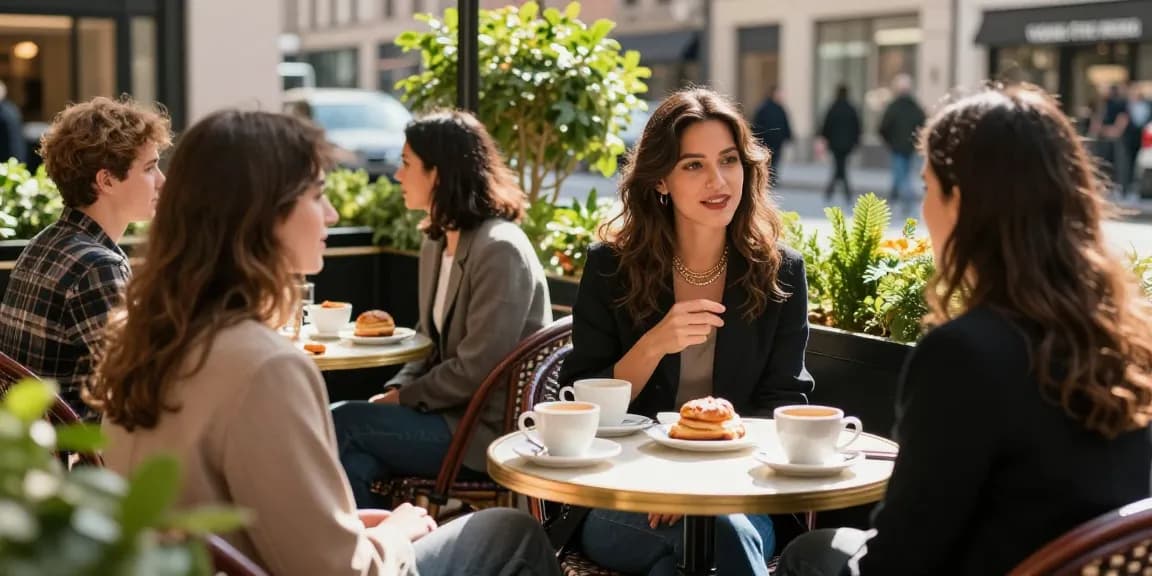 Elegant social scene of a stylish woman discussing escort services in a chic café setting.