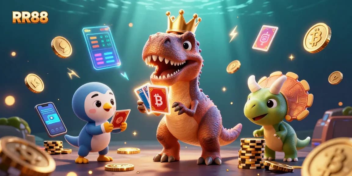 Experience exciting gameplay at RR88 with a colorful 3D casino scene featuring vibrant characters and crypto elements.