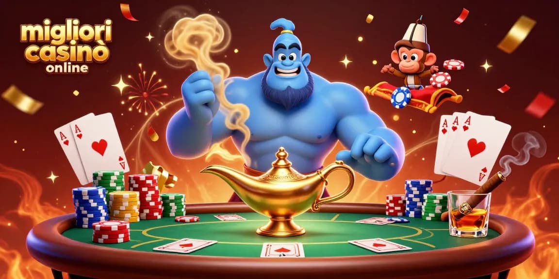Scopri la magia dei migliori casinò online mentre un genio rivela tesori e avventure del casinò.