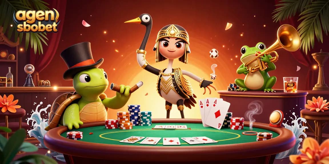 A playful scene depicting characters celebrating in a vibrant casino atmosphere with agen sbobet prominently featured.