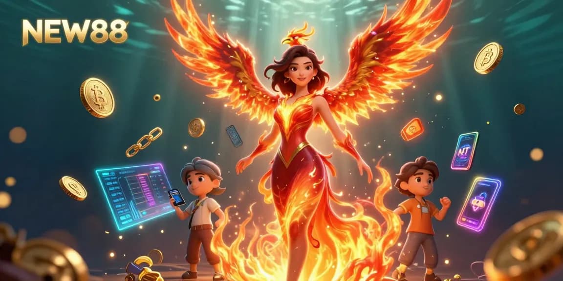 Engage in exciting gaming at NEW88 with a stunning Asian woman and fiery phoenix, showcasing vibrant casino elements.
