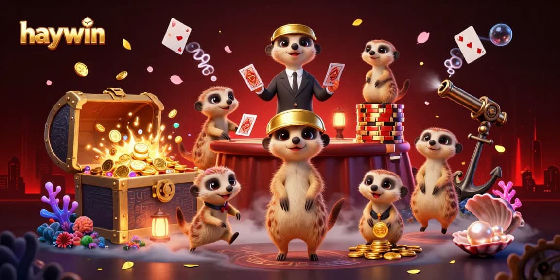 Experience haywin's thrilling casino atmosphere with cartoon meerkats operating games, bursting with excitement and treasure.