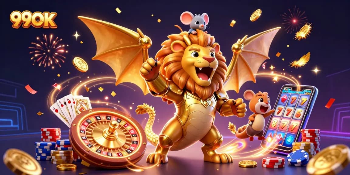 Win big at 99OK with thrilling casino action and colorful game elements surrounding a chimera.