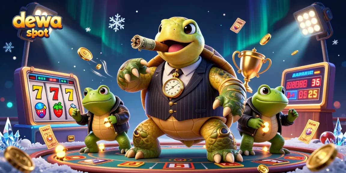 Engage with dewa slot in an ultra-detailed 3D scene featuring a mobster turtle and bullfrog enforcers amidst vibrant slot symbols.