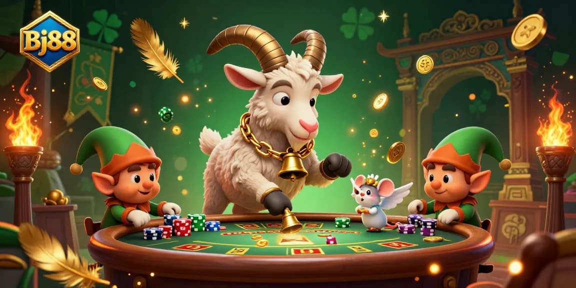 Bettors engage with Bj88's lively online casino, featuring a Krampus goat, angel mouse, and elf gremlins amidst golden coins and vibrant gaming elements.