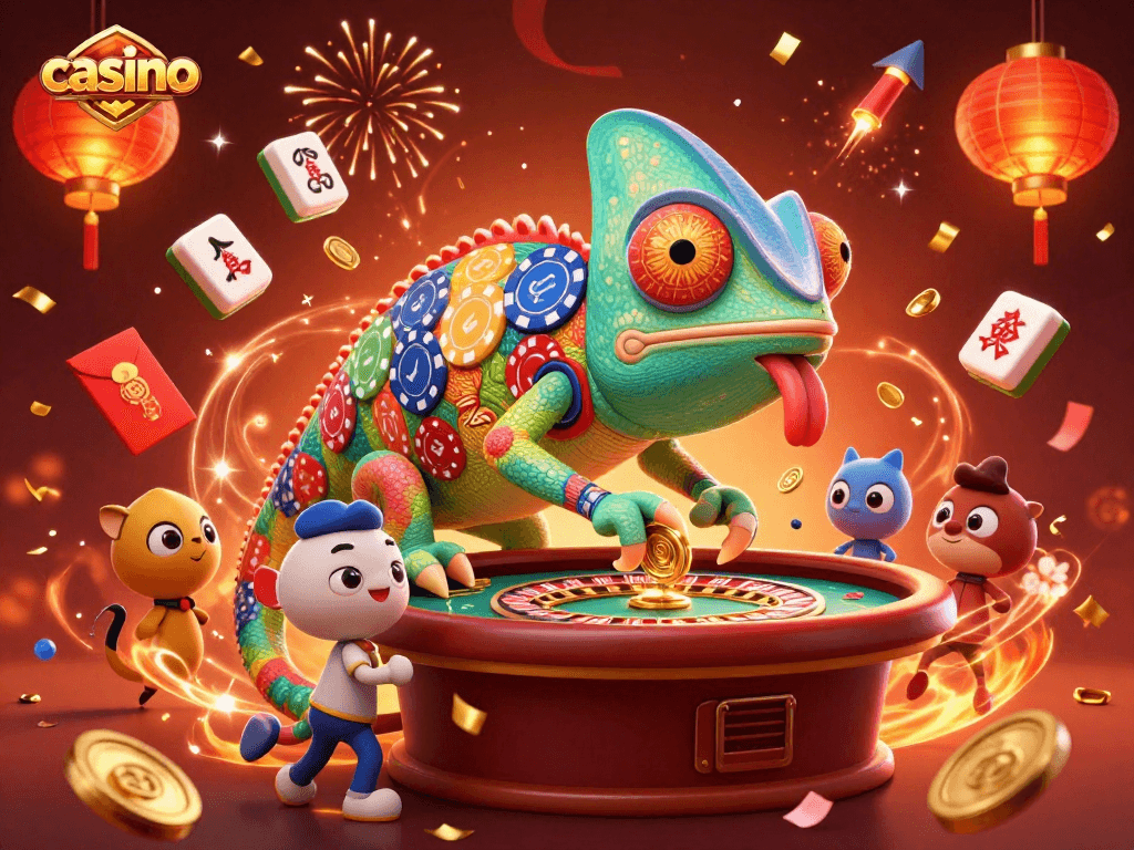 Engaging casino scene featuring a chameleon owner and dynamic gambling elements.